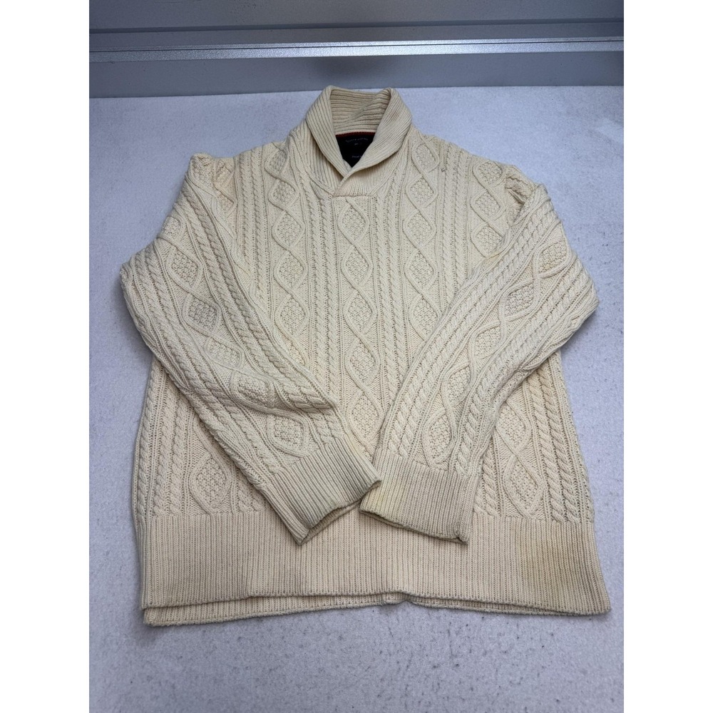 Tommy Hilfiger Sweater Mens 2XL White Shetland Wool Shawl Collar Cable Knit